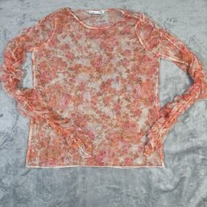 Zara Floral Sheer floral Organza Ruched Sleeves‎ Orange White Stretch Sz Small